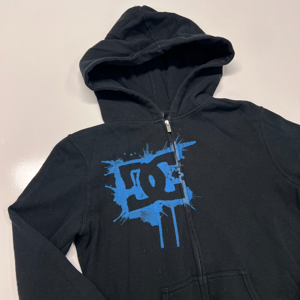 DC Full Zip Hoodie Boy’s Size S Black Blue Graphic Print Fleece Skateboarding